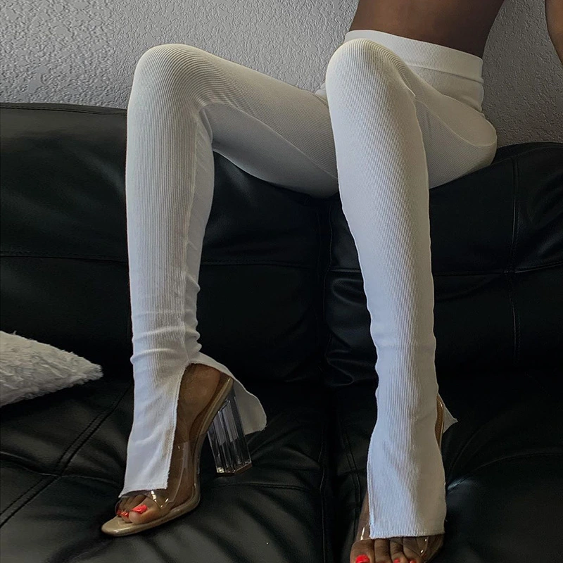 Skinny High-Waist Casual Trousers With Striped Ankle Slits