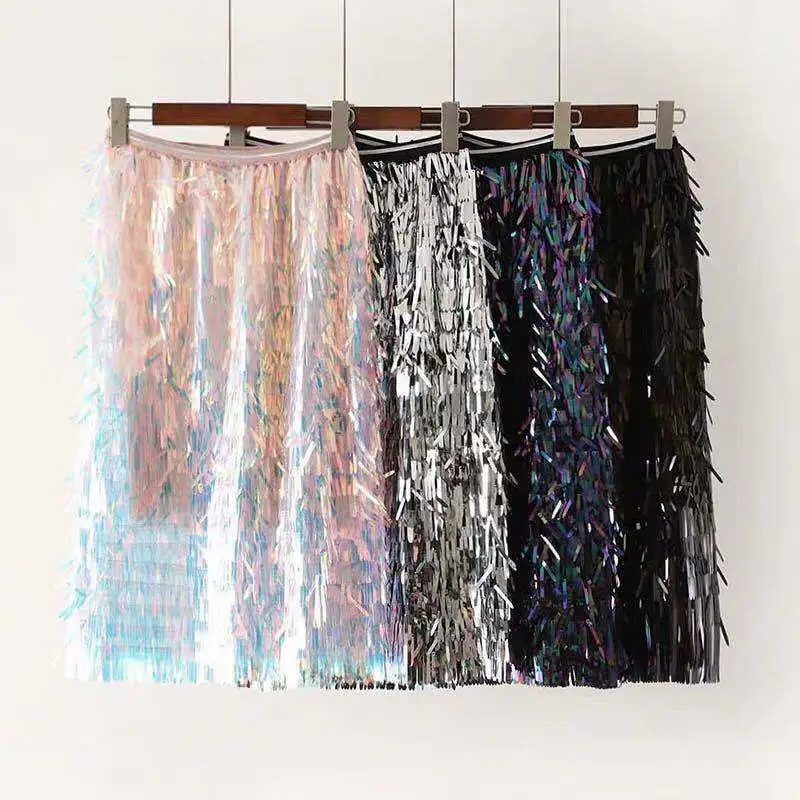 High waist sequin fringed mesh skirt