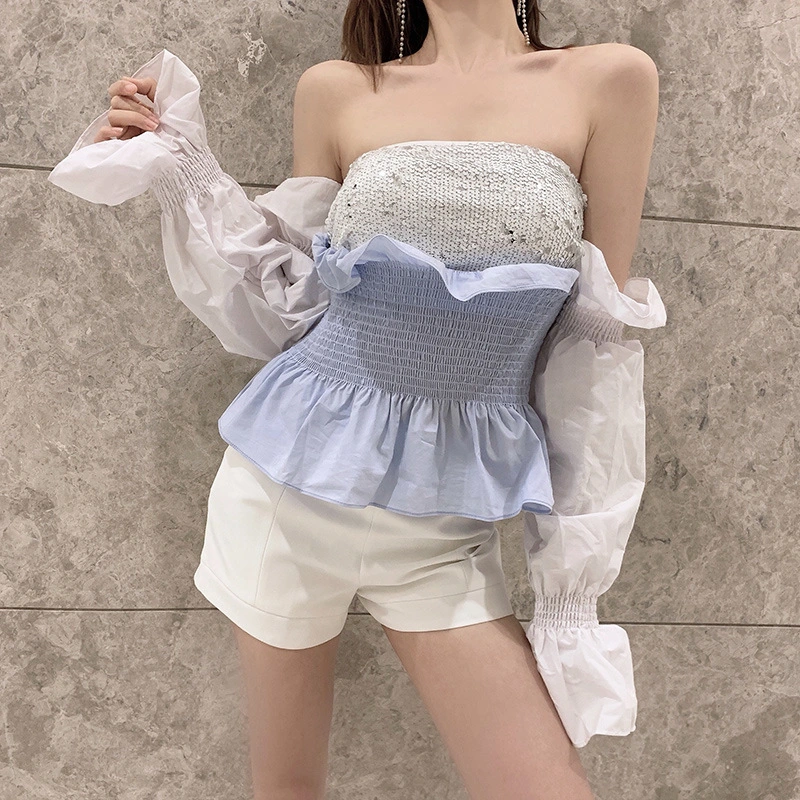 New style Xia Chaoxian shoulder sequined pleated waist lotus leaf edge flower bud sleeve Mermaid Girl shirt in 2021