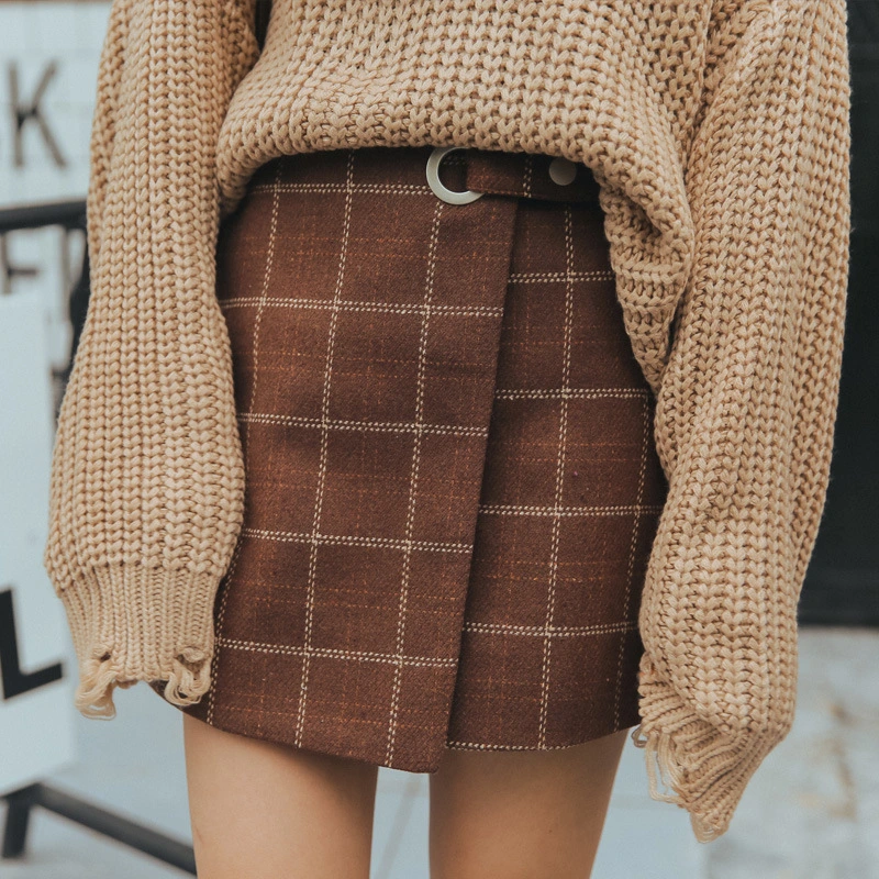 Autumn and winter thickening bag hip hair plaid skirt retro skirt Korean version of the high waist A word skirt