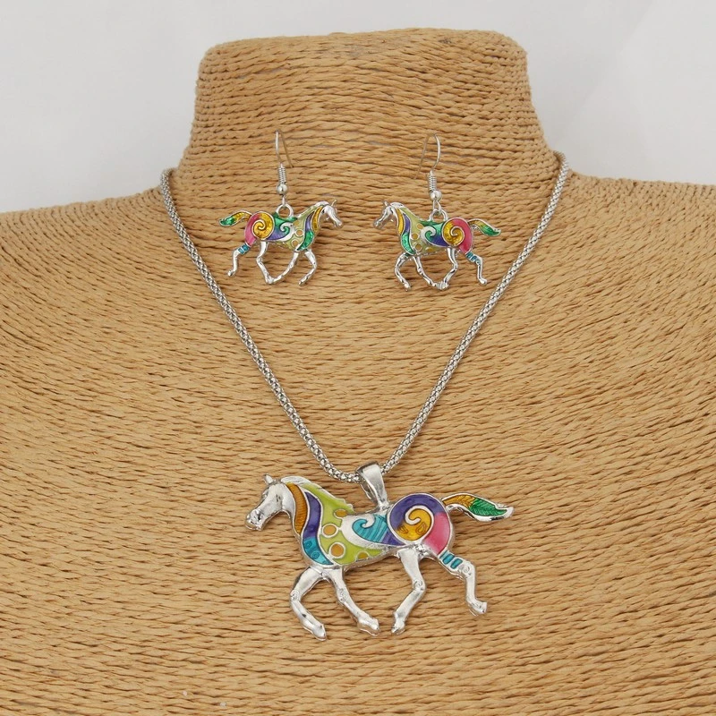 Color horse necklace earrings two-piece