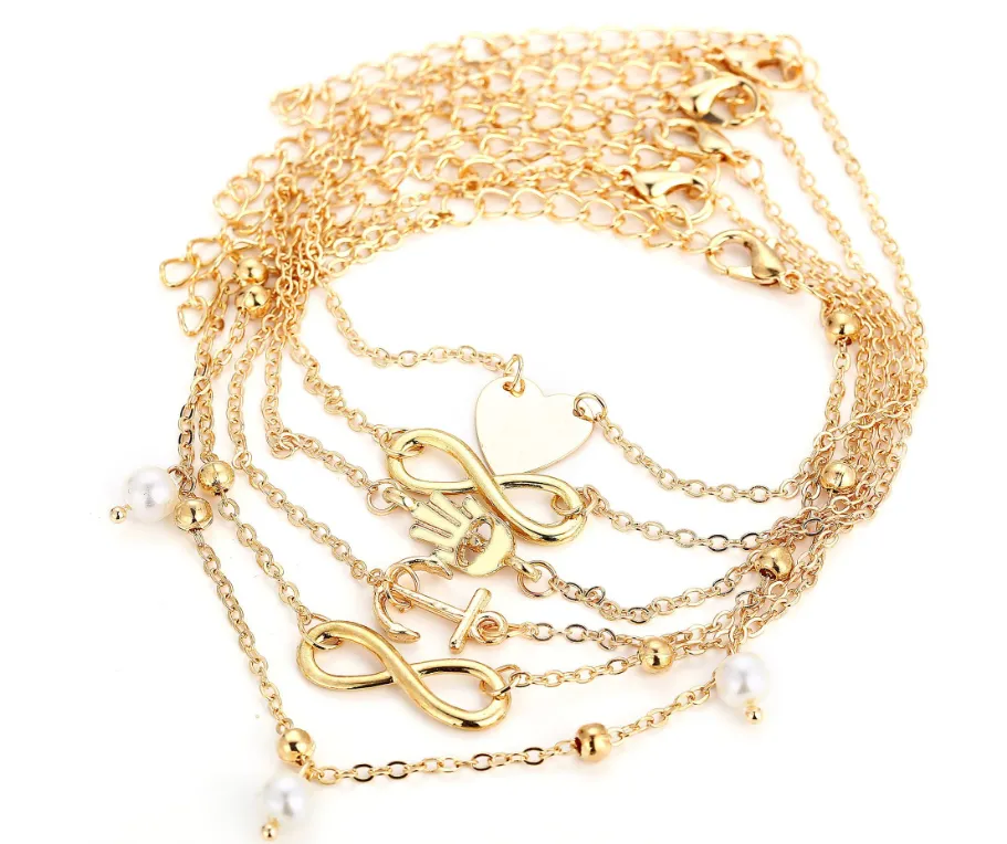 5-piece peach heart anchor artificial pearl alloy anklet