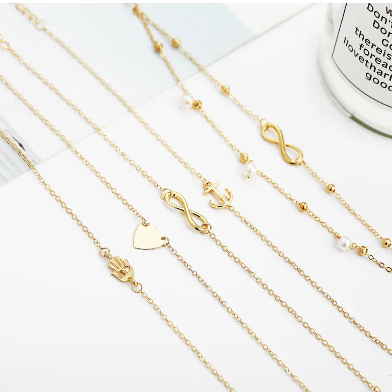 5-piece peach heart anchor artificial pearl alloy anklet