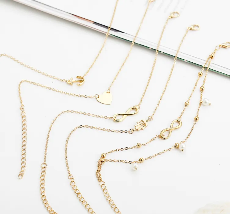 5-piece peach heart anchor artificial pearl alloy anklet