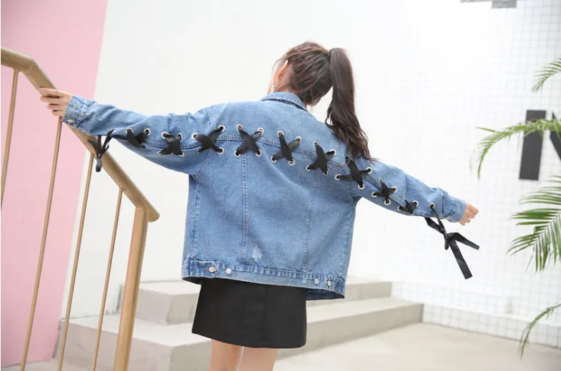 Loose bandage denim jacket short lace-up spring and autumn denim