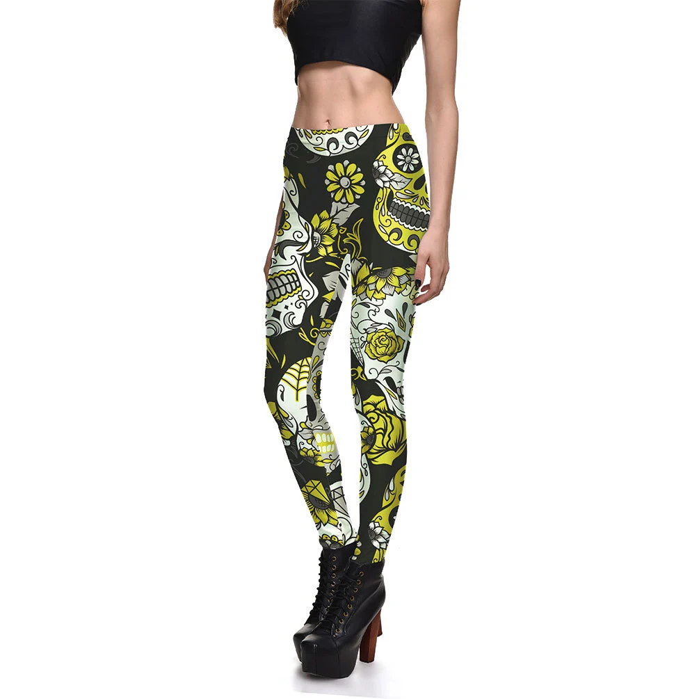 Fashionable Ladies Multicolor Skull Digital Printing Bottoming Cropped Trousers