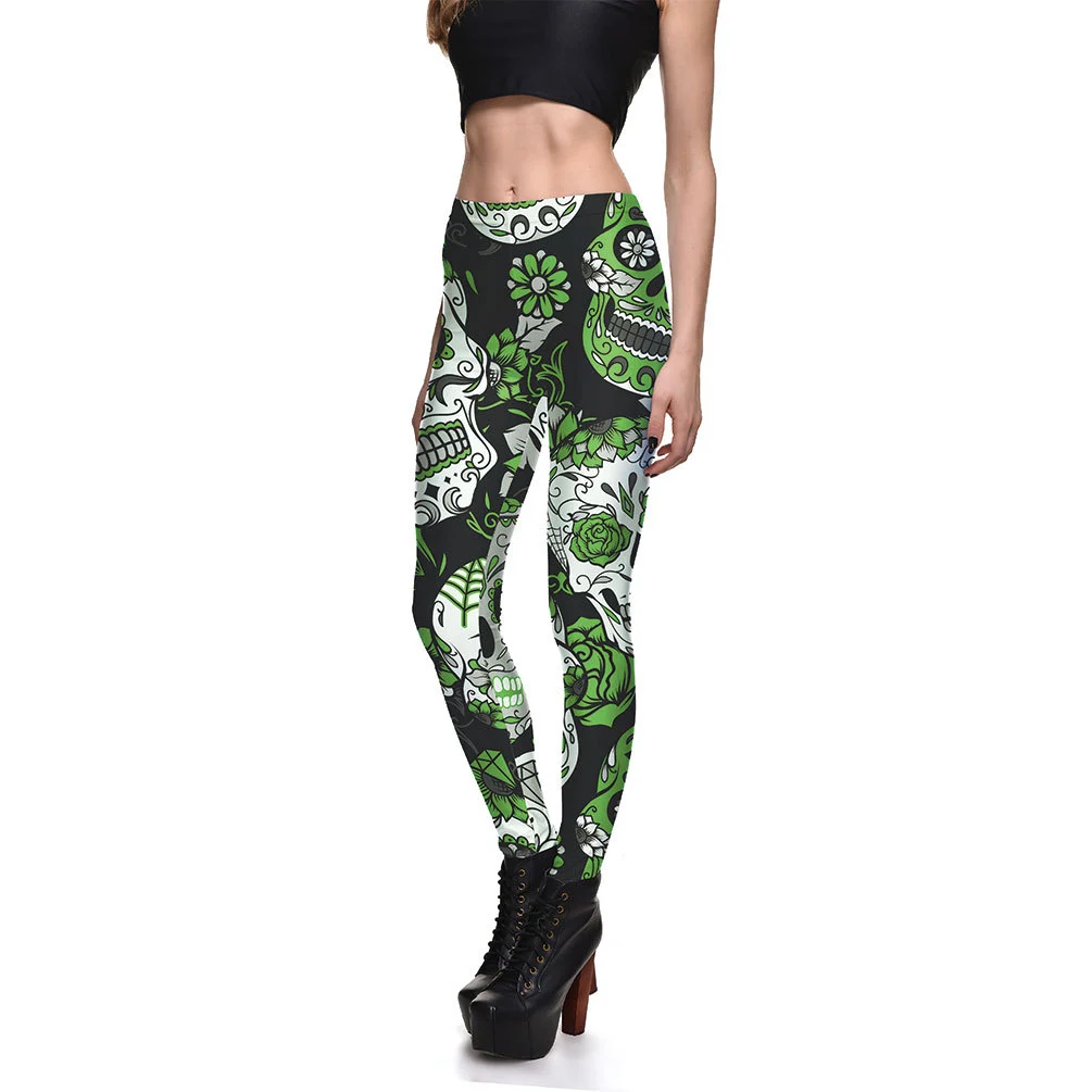 Fashionable Ladies Multicolor Skull Digital Printing Bottoming Cropped Trousers