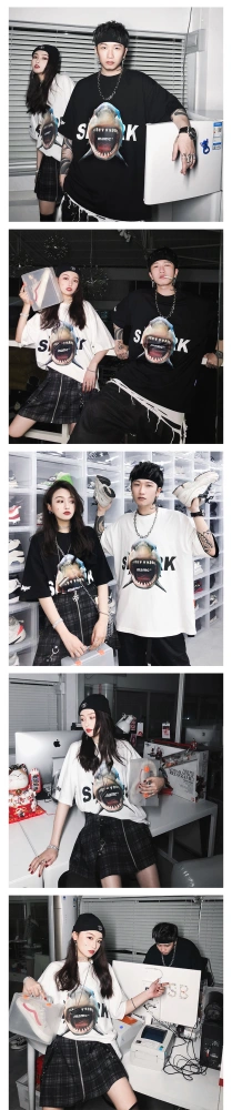Shark print personality T-shirt ins super fire street hip hop couple loose short sleeves