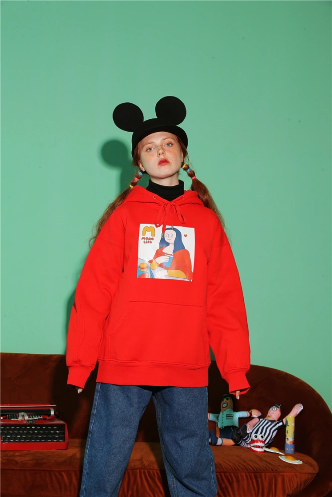 Autumn and winter plus velvet hooded sweater female cute spoof Mona Lisa red cartoon Korean version of the loose jacket