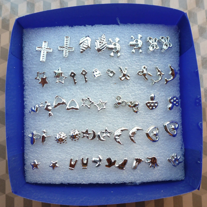Silver multi-pattern hypoallergenic plastic earrings earrings with earplugs 24 pairs of different boxes