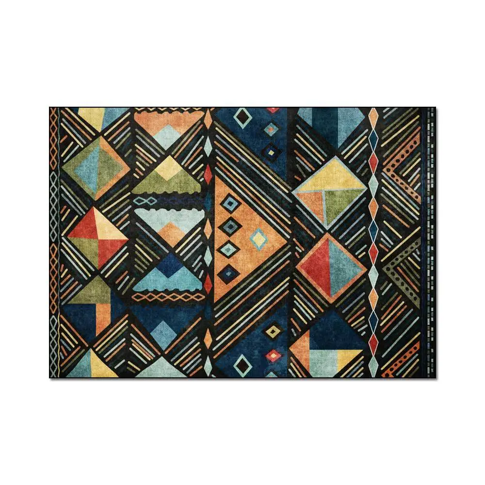 Ethnic Style Blue Multicolor Block Living Room Bedroom Bedside Carpet Floor Mats 