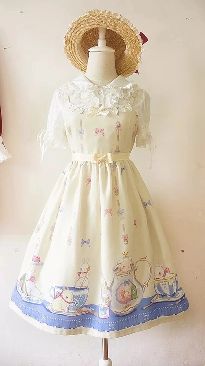 Super Cute Girls Tea Party Cup Rabbit Bunny Bows Printing JSK Lolita Dress Sleeveless Lace Trim One Piece 5 Colors