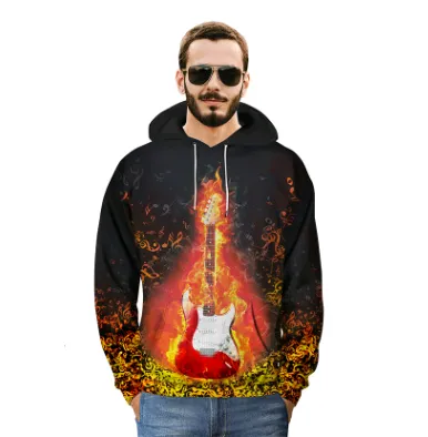 2021 autumn and winter couple sweater creative flame guitar printing hooded shirt new large size fat hoodie