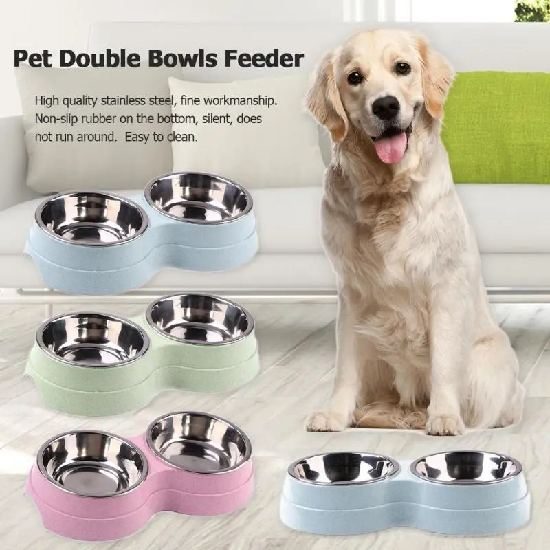 HAVO straw plastic round two-in-one double bowl stainless steel rice bowl pet supplies dog bowl