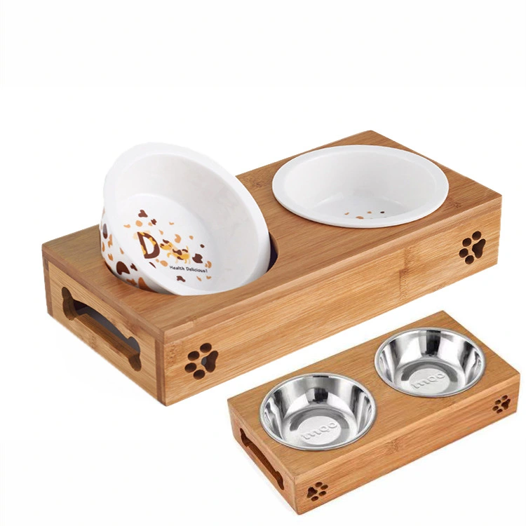 Double bowl stainless steel with bamboo frame for cat's tableware