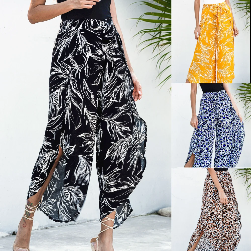 Irregular leopard print wide-leg casual trousers