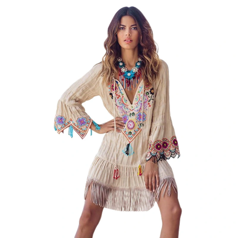 Bohemian stitching fringed embroidered dress