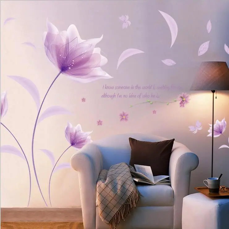 Flowers In The Wind Purple Romantic Warm Bedroom Background Decorative Wall Stickers