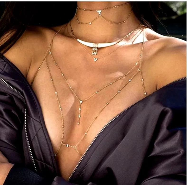 Europe And America Sexy Exaggerated Beach Casual Body Clothing Chain Accessories Diamond Pendant Tassel Necklace Chest Chain