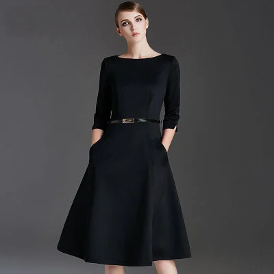 Europe and the United States autumn 2021 new black dress, women slim waist long dress, sleeve big swing, annual meeting ceremony dress