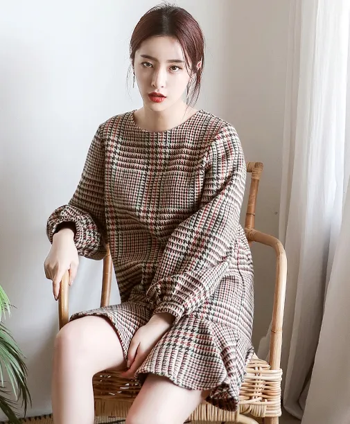 Jeon Ji Hyun star with the paragraph 2021 autumn new female temperament plaid dress