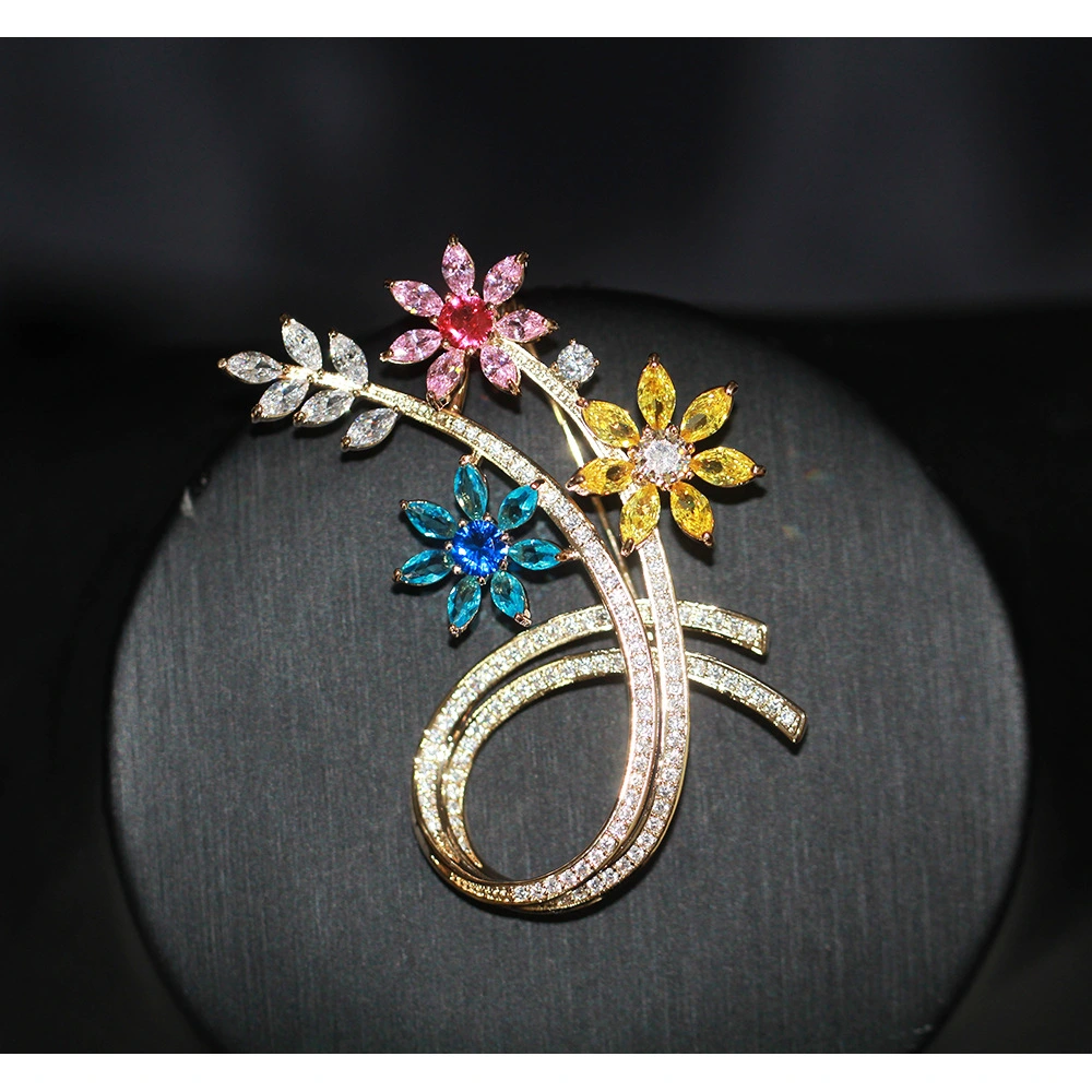 High-end Retro Inlaid Color Flower Brooch Women