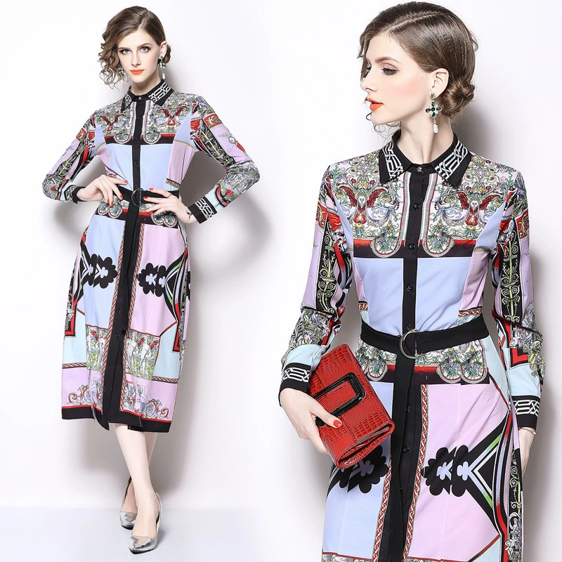 Spot real shot 5769-European station 2021 star catwalk new women's classical print shirt dress