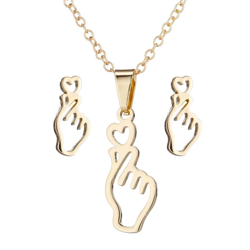 Hand pinched heart ear stud necklace set