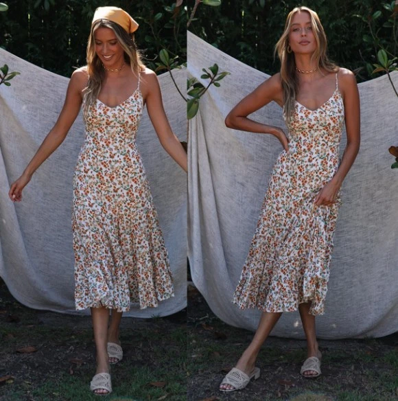 Little floral print sweet back lace up Halter Dress