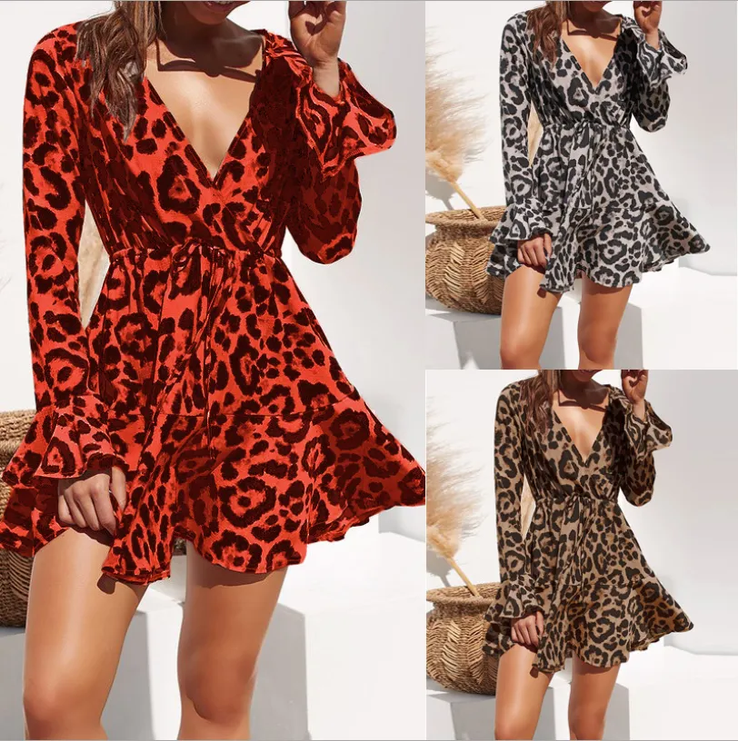 Ebay Zinc Explosion models Europe and the United States spring hot sexy leopard print V-neck high waist lace ladies chiffon skirt