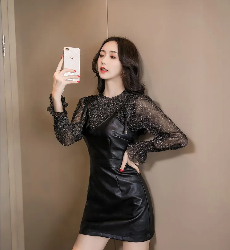 Sexy perspective bottoming shirt waist A word PU leather suspender skirt two-piece