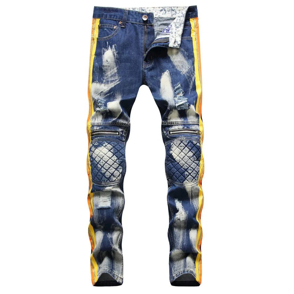  Denim Biker Jeans Contrast Color Knee Protect