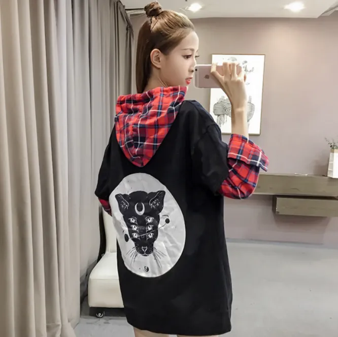 High Streetwear Patchwork Fake 2 Piece Plaid Hooded