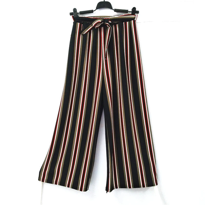Summer Striped Bohemian Style Wide Leg Pants Bow Ties Decorate Ankle Length Trousers Women Loose Casual Female Pants