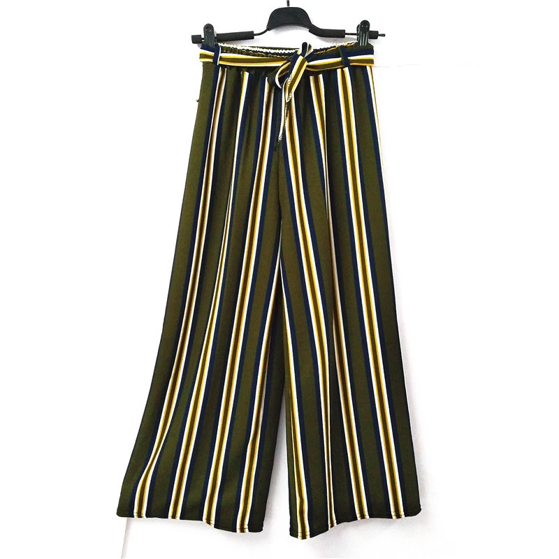 Summer Striped Bohemian Style Wide Leg Pants Bow Ties Decorate Ankle Length Trousers Women Loose Casual Female Pants