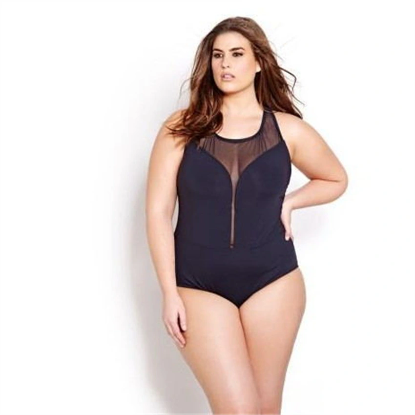 Large size swimsuit European and American women's fat woman plus fat multi-network gauze stitching solid color one-piece swimsuit