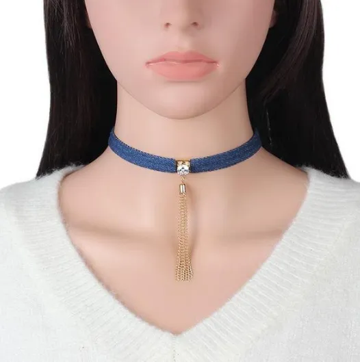 Hot Sale Blue Denim Jean Choker Long Chain Family