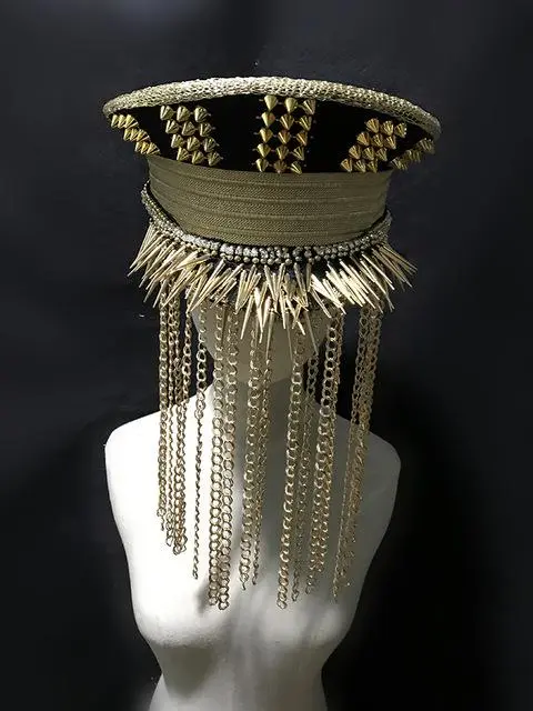 Handsome punk golden rivets metal hat fringe decoration punk bar DJ performance singer cap