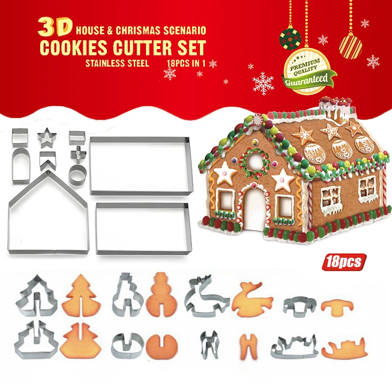 8 18-piece Set Gingerbread House Stainless Steel Christmas Scenario Cookie Cutters Set Biscuit Mold Fondant Cutter Baking Tools