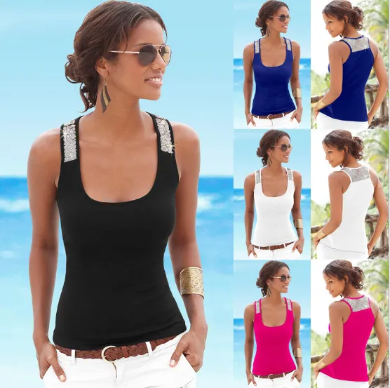 018 Europe and America Style Summer Women's Casual Sequins Patchwork Milk Silk Tank Tops