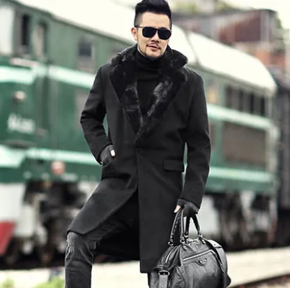 Winter black fur collar men's long woolen coat coat