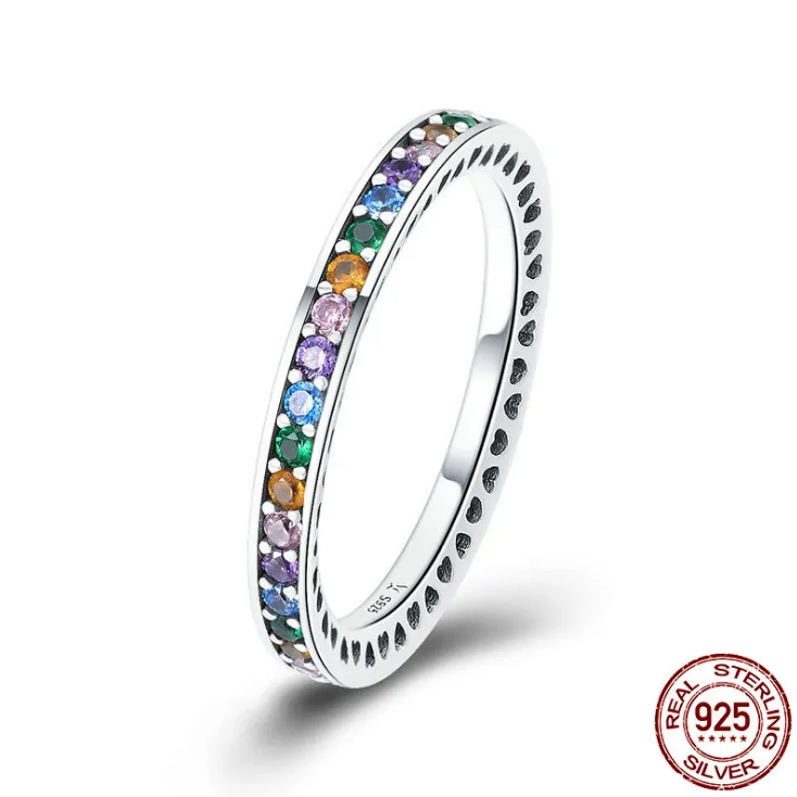 Genuine 100  925 Sterling Silver Colorful CZ Crystal Round Pave Finger Rings Engagement Wedding Jewelry Gift S925