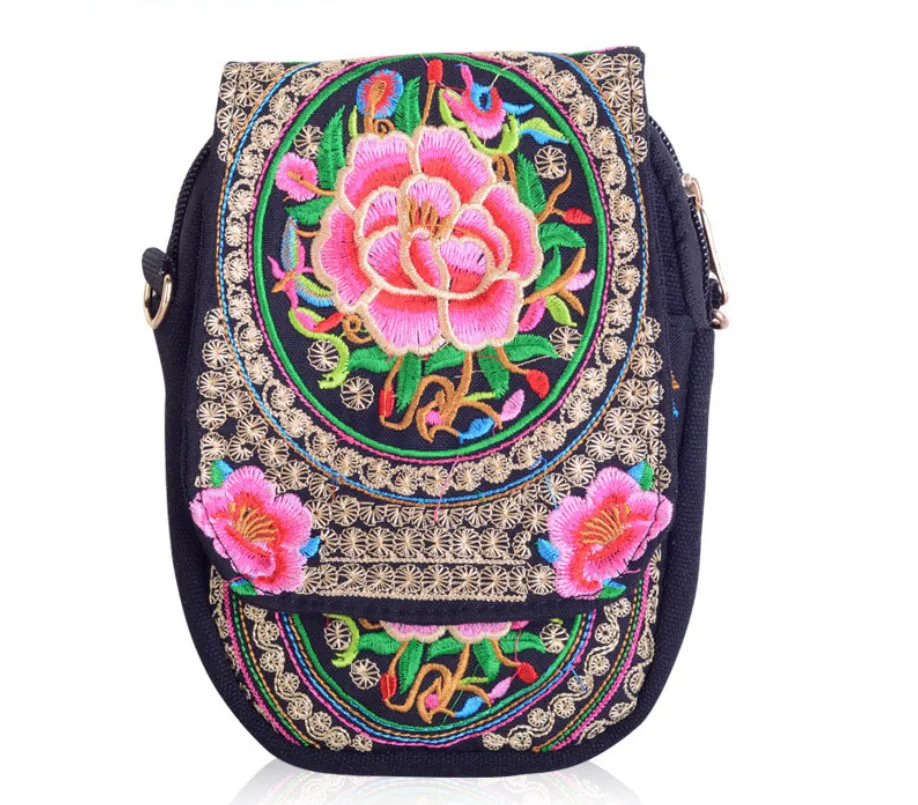 Yunnan National Embroidery Bag Embroidered Canvas Mobile Phone Bag Three-layer Coin Purse Women's Small Crossbody Bag