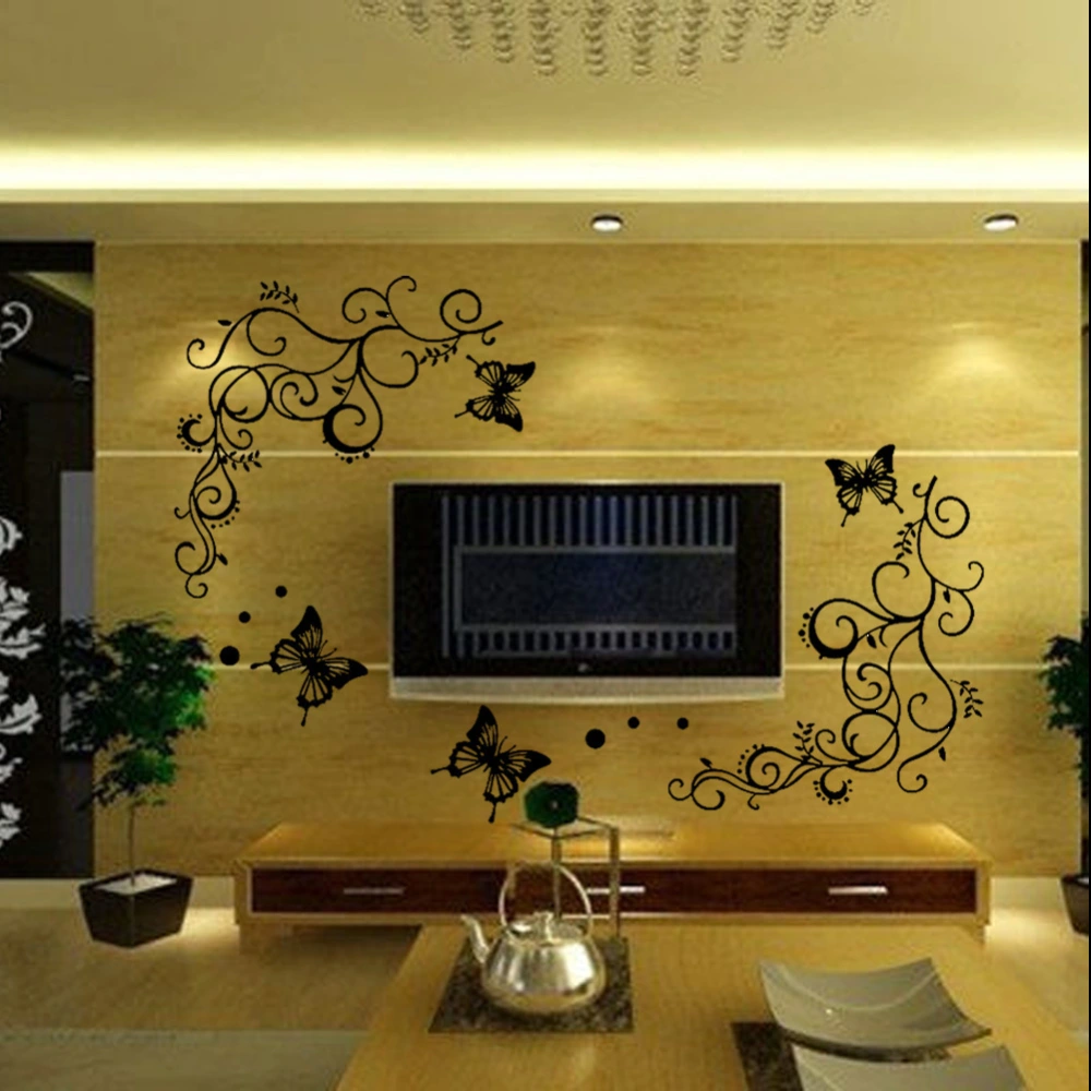 Foreign trade 130*135cm flower vine 2 butterflies 4 butterflies flying black wall stickers