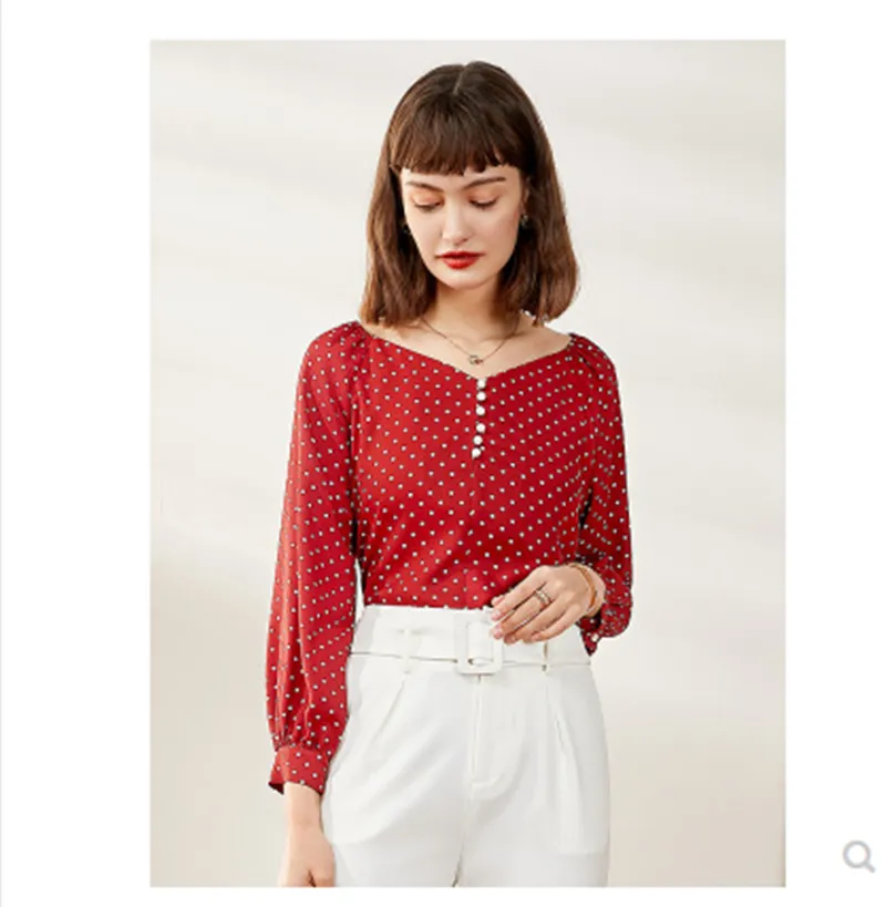 Retro polka dot chiffon shirt women long sleeves