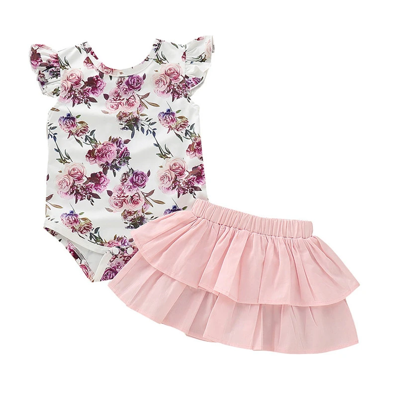 Girls Flying Sleeve Print Short Sleeve Suit