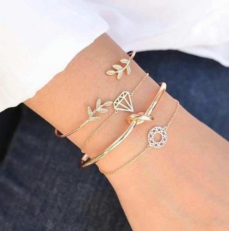 Tocona  T Fashion Bohemia Leaf Knot Hand Cuff Link Chain Charm Bracelet Bangle For Women Gold Bracelets Femme Jewelry 6115