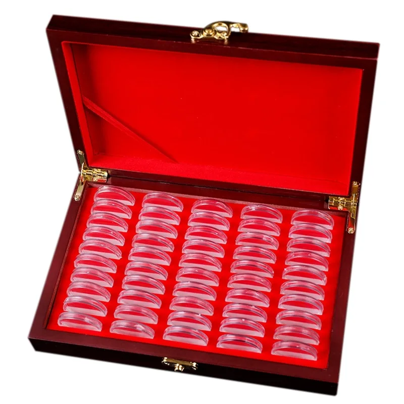 50 Pcs Wood Coin Protection Display Box Storage Case Holder Round Box Commemorative Box