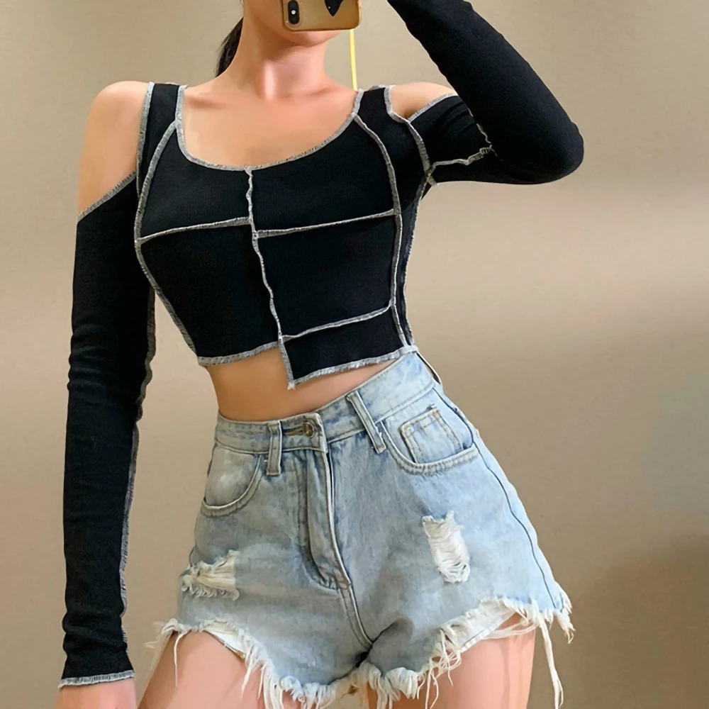 Women Long Sleeve Off Shoulder T-shirts Crop Tops Round Neck Irregular Stitching T-shirt Black Spring Hollow Out Tees