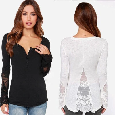 Best selling women's mesh stitching Slim T-shirt top Split chevron lace side shirt